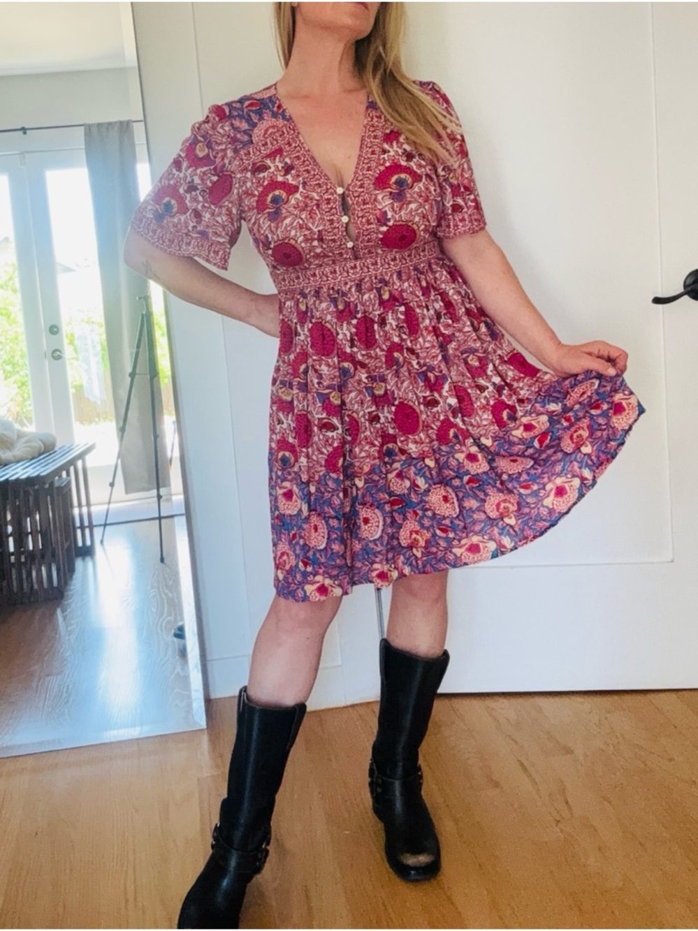 ba&sh Red and Purple Floral V-Neck Mini Dress